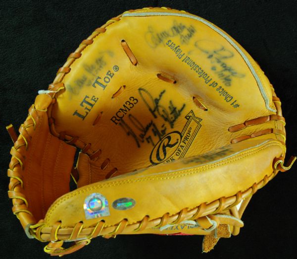 Nolan Ryan & Seven Catchers No-Hitters Signed Mitt (Mounted Memories) 