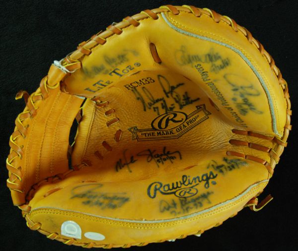 Nolan Ryan & Seven Catchers No-Hitters Signed Mitt (Mounted Memories) 