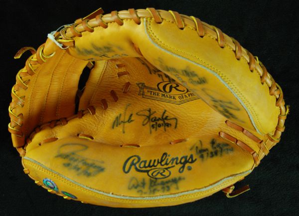 Nolan Ryan & Seven Catchers No-Hitters Signed Mitt (Mounted Memories) 