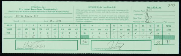 Davis Love III & Nick Faldo Signed 1991 US Open Scorecard