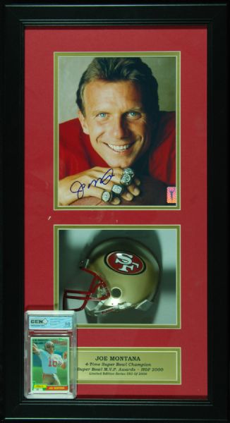 Joe Montana Signed Photo with Mini-Helmet Shadowbox