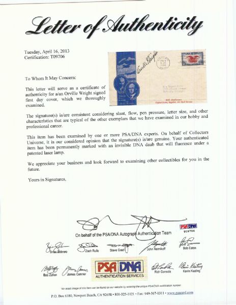 Orville Wright Signed First Day Cover (PSA/DNA)