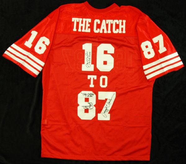 Joe Montana & Dwight Clark Signed The Catch Jersey with Play Diagram (PSA/DNA)