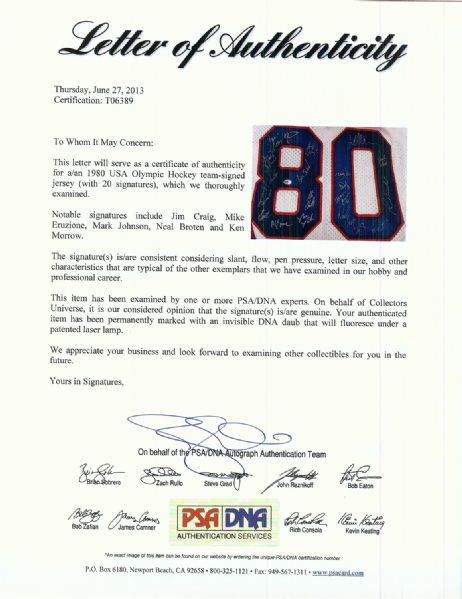 1980 Team USA Miracle On Ice Team-Signed Jersey (20 Signatures) (PSA/DNA)