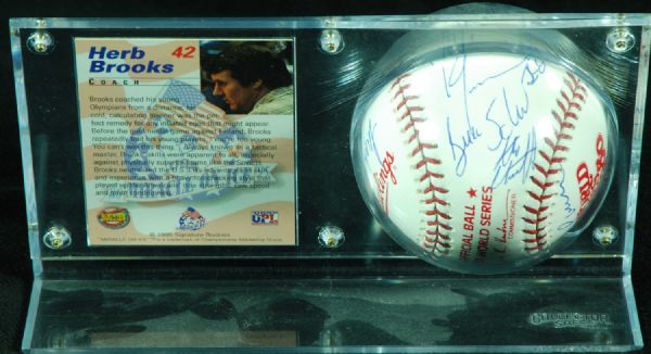 Miracle On Ice 1980 USA Hockey Team-Signed World Series Baseball (PSA/DNA) with Herb Brooks Signed Card