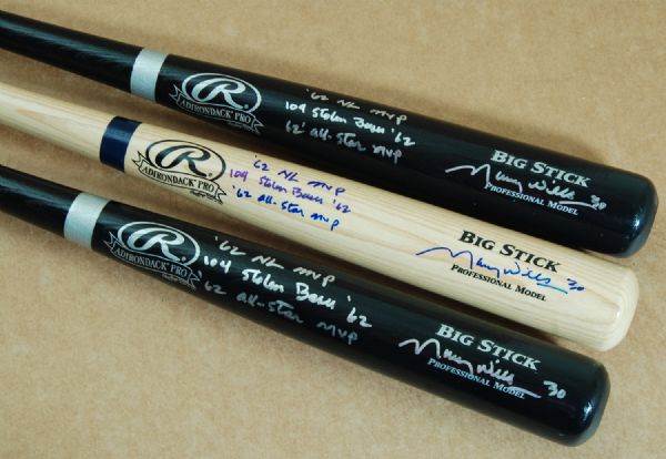 Maury Wills Signed Rawlings Bat Trio (3) with Inscriptions