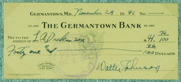 Walter Johnson Signed Check (1946) from Playoff Absolute Memoriabilia (2/4)