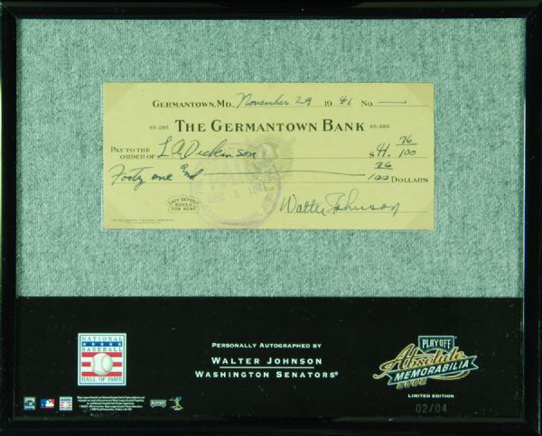 Walter Johnson Signed Check (1946) from Playoff Absolute Memoriabilia (2/4)