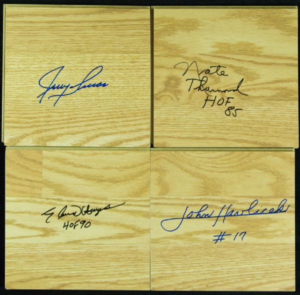 Hall of Famer Signed Floor Pieces (4) with Havlicek, Thurmond, Lucas, Hayes