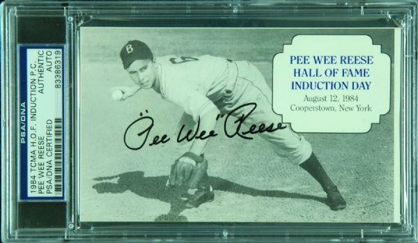 Pee Wee Reese Signed 1984 TCMA HOF Induction Postcard (PSA/DNA)