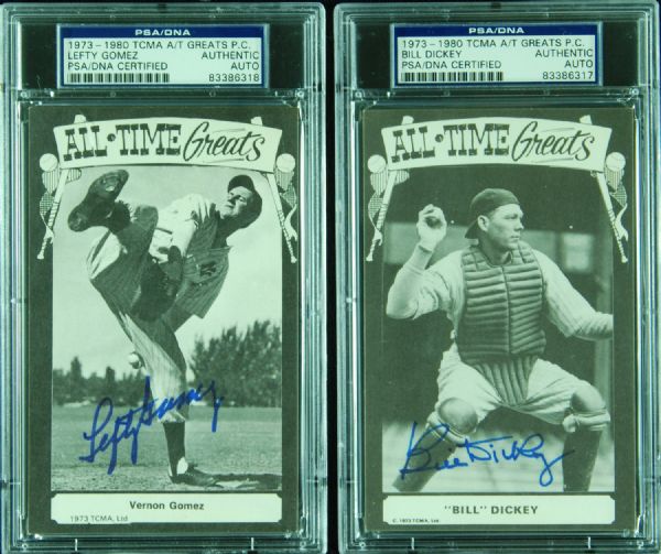 Bill Dickey & Lefty Gomez Signed TCMA All-Time Greats Postcards (PSA/DNA)