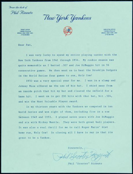 Phil Rizzuto Signed Typed Letter on Yankees Letterhead