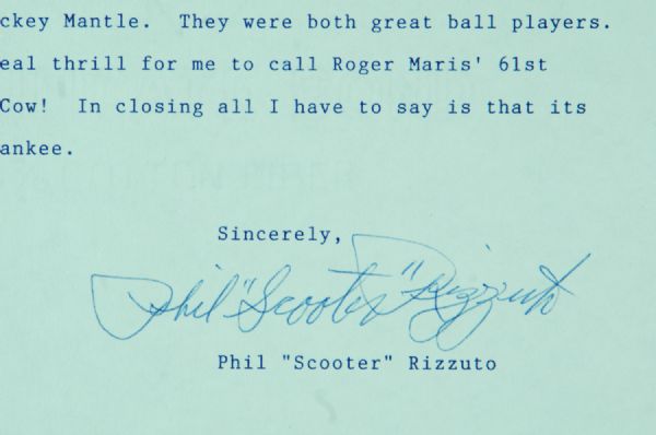 Phil Rizzuto Signed Typed Letter on Yankees Letterhead