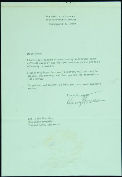 Harry Truman Signed Typed Letter (1969)