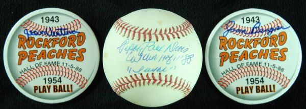 Pepper Davis Signed Baseball with Rockford Peaches Buttons (2)