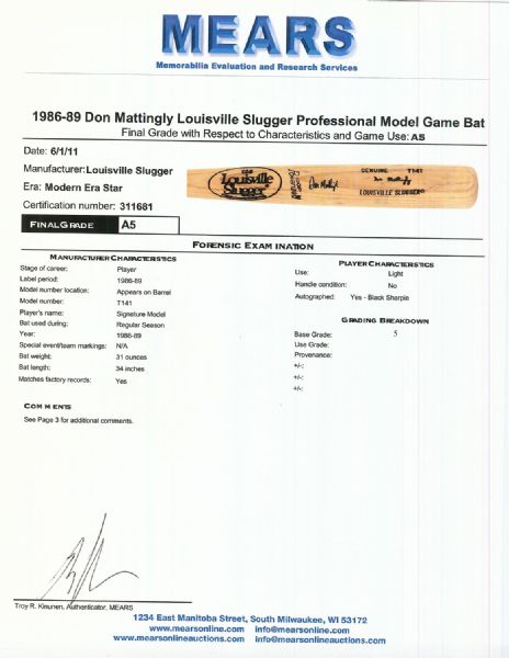 Don Mattingly 1986-89 Signed Game-Used Louisville Slugger Bat (MEARS A5)