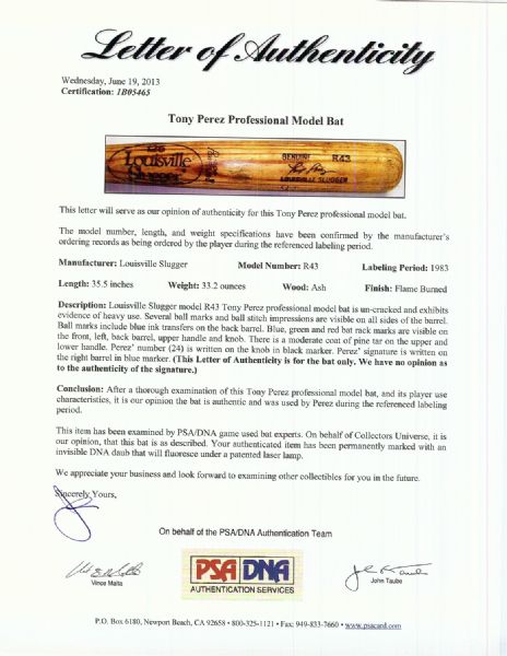 Tony Perez 1983 Game-Used Signed Louisville Slugger Bat (PSA/DNA)