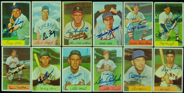 Signed 1954 Bowman lot of 12 with Burdette, Kell, Evers & Frank Thomas