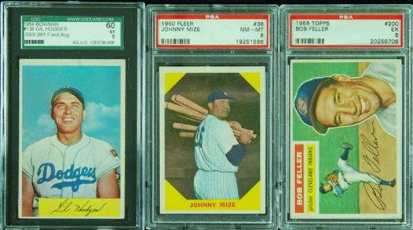 1950s PSA-Graded Singles trio (3) with Gil Hodges, Bob Feller, Johnny Mize