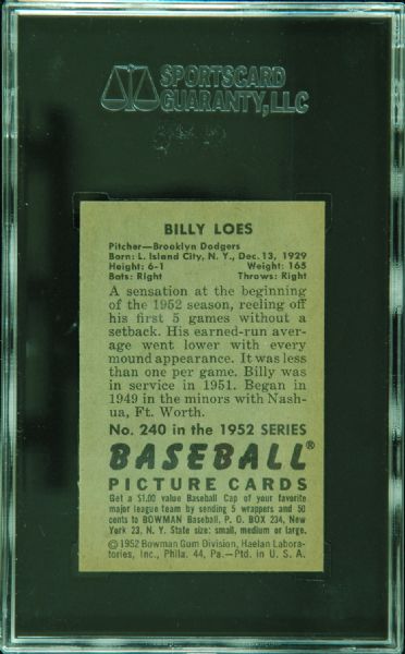 1952 Bowman Billy Loes No. 240 SGC 7 (NM)