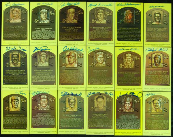 Signed Yellow HOF Plaque Postcard lot of 18 with Musial, Gehringer