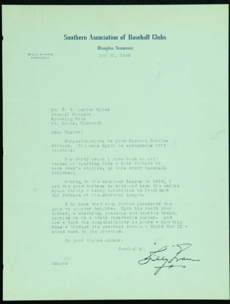 Ossie Bluege, Billy Evans & Gabe Paul Signed Letters Regarding The Sporting News