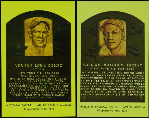 Bill Dickey & Lefty Gomez Signed Yellow HOF Plaque Postcards (2)