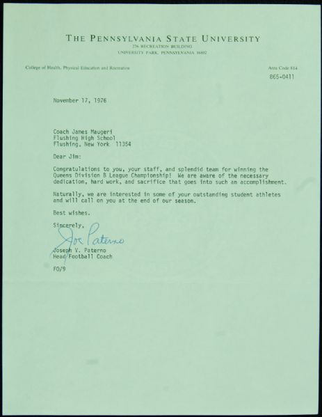 Joe Paterno Signed Typed Letter (1976)