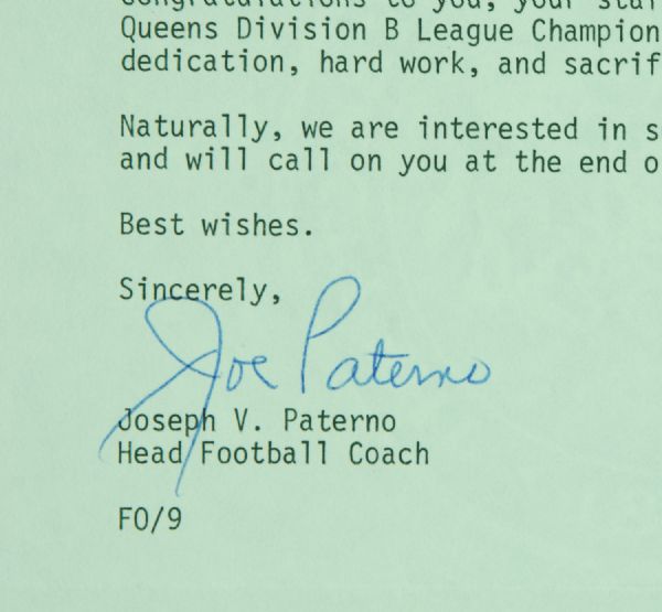 Joe Paterno Signed Typed Letter (1976)