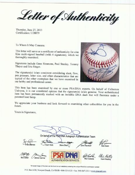 KISS Group-Signed OML Baseball (4 Signatures) (PSA/DNA)