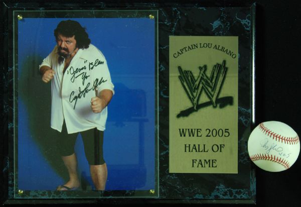 Captain Lou Albano Signed Plaque with Chris Jericho Signed Baseball