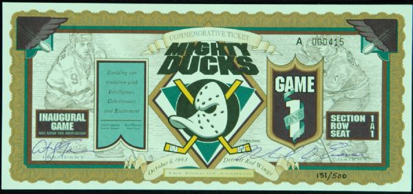 1993-94 Anaheim Ducks Team-Signed Commemorative Ticket (Disney LOA) 