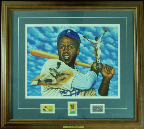 Jackie Robinson Framed Lithograph with Centennial Stamp