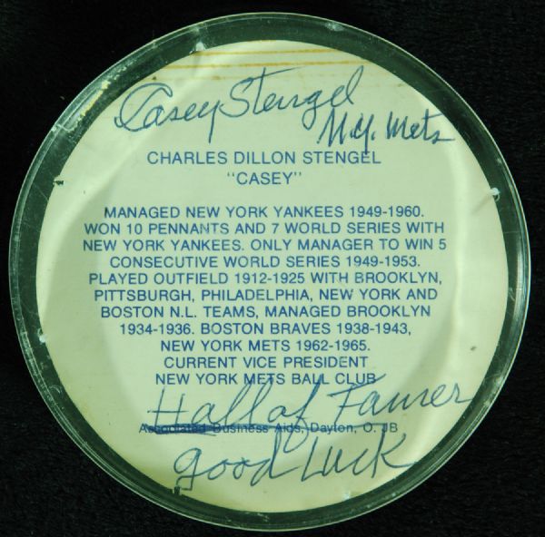 Casey Stengel 3-Times Signed Coaster (PSA/DNA)