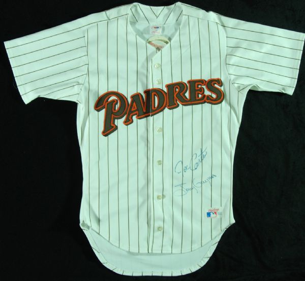 Joe Carter & Tony Gwynn Signed Padres Throwback Jersey (PSA/DNA)