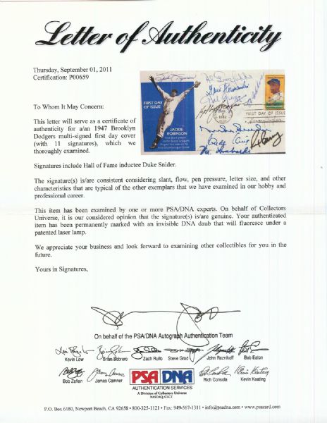 Multi-Signed 1947 Brooklyn Dodgers FDC (11 Signatures) with Snider (PSA/DNA)