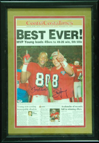 Jerry Rice & Steve Young Signed Newspaper (PSA/DNA)