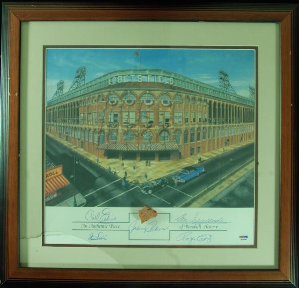 Brooklyn Dodgers Pitchers Signed Ebbets Field Display with Authentic Brick (5 Signatures)