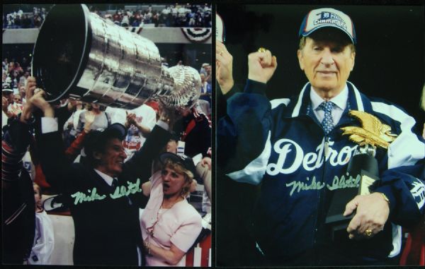 Mike Ilitch Signed Photos (2) - Owner of Detroit Tigers & Red Wings