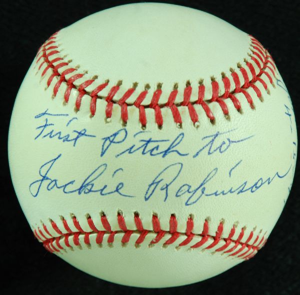 Johnny Sain Single-Signed ONL Jackie Robinson Baseball First Pitch to Jackie Robinson (JSA)