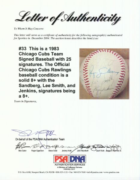 1983 Chicago Cubs Team-Signed Baseball (26 Signatures)