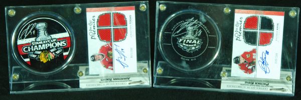 Patrick Kane & Jonathan Toews Signed Puck & Card Displays (2)