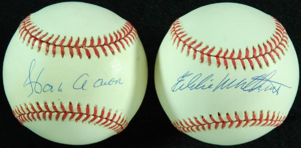 Hank Aaron & Eddie Mathews Single-Signed ONL Baseballs (2) (PSA/DNA)