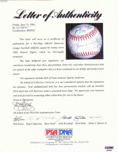 1988 Detroit Tigers Team-Signed Baseball (27 Signatures) (PSA/DNA)