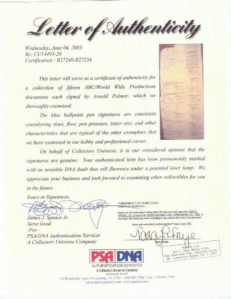 Arnold Palmer Signed ABC/World Wide Productions Document (PSA/DNA)