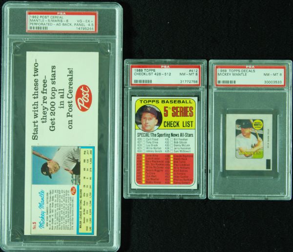 1962 Mantle/Maris Post Cereal Graded Insert and Graded Card and Decal (3)