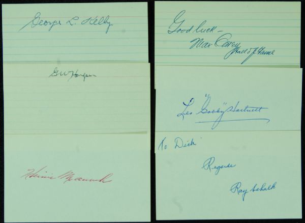 Signed 3x5 Index Cards (6) with Gabby Hartnett, Heinie Manush, Ray Schalk