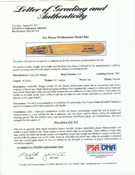 Joe Mauer 2003 Game-Used USA Baseball Louisville Slugger  (PSA/DNA 9.5) - Used During 2003 Regional Olympic Qualifying Tournament in Panama