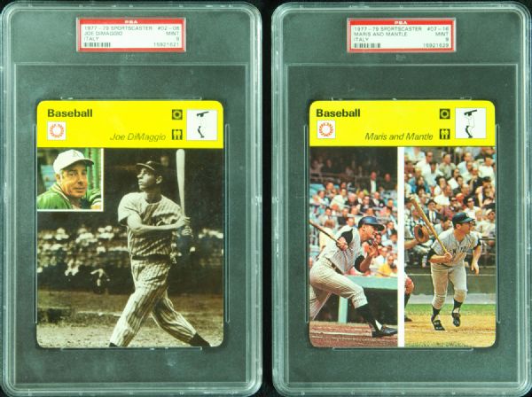 1977-79 Sportscaster Pair (2) with Joe DiMaggio & Mickey Mantle/Roger Maris PSA 9