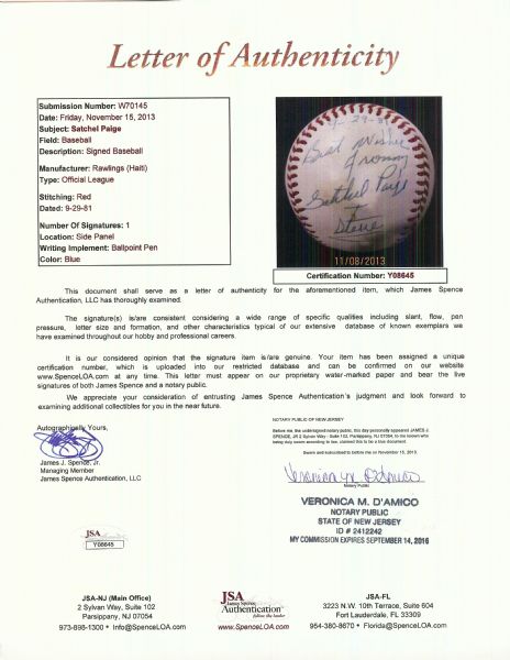 Satchel Paige Single-Signed Rawlings Baseball (JSA)